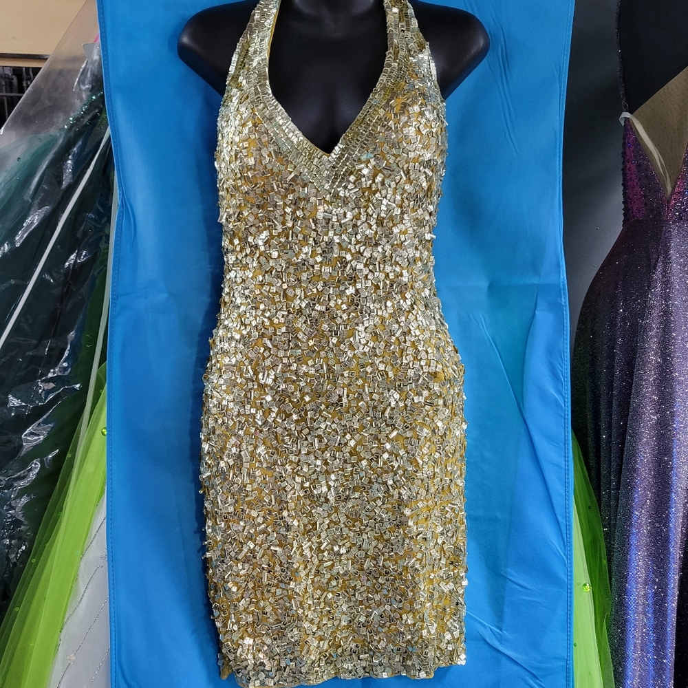 Precious Formals Gold Sequin Mini Dress